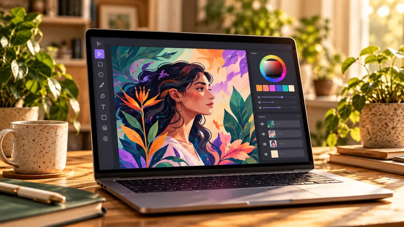 Ilustração editorial de um notebook com uma composição artística colorida em um editor de imagens
