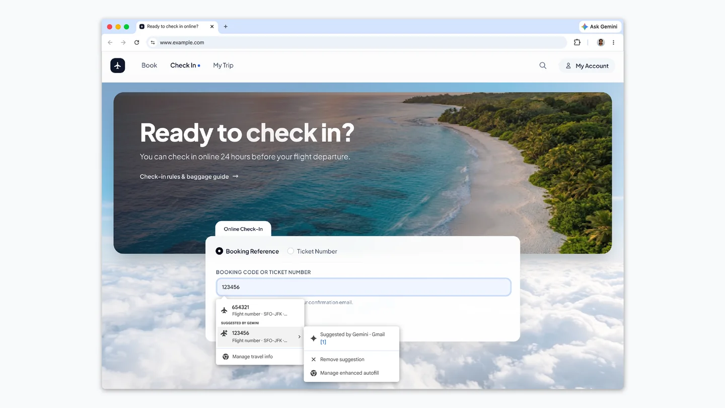 Demonstração oficial do Chrome sugerindo um código de reserva encontrado no Gmail