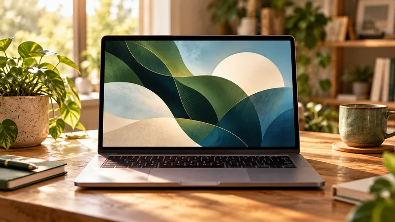 Ilustração de um notebook com arte abstrata em uma mesa de trabalho, com plantas e luz natural