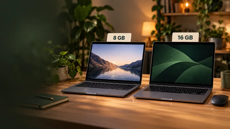 Ilustração editorial de dois notebooks lado a lado sobre uma mesa, identificados com placas de 8 GB e 16 GB.